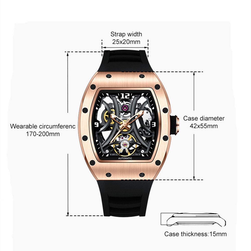 MEGIR 9190-11 skeleton automatic watch size chart with case and strap measurements, rose-gold model