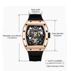 MEGIR 9190-11 skeleton automatic watch size chart with case and strap measurements, rose-gold model