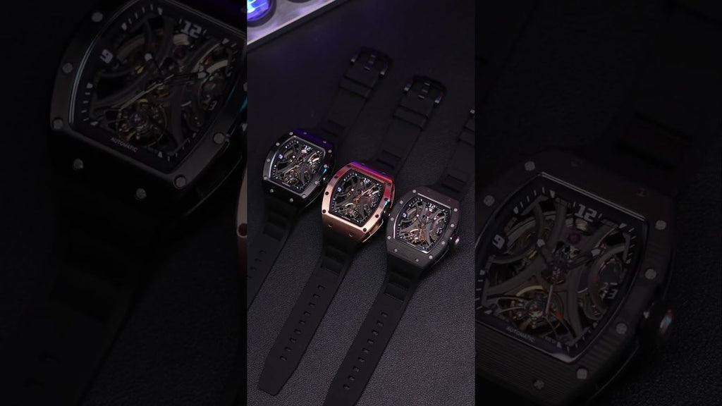 MEGIR 9190-11 skeleton automatic watch trio in black and rose-gold cases, beauty shot