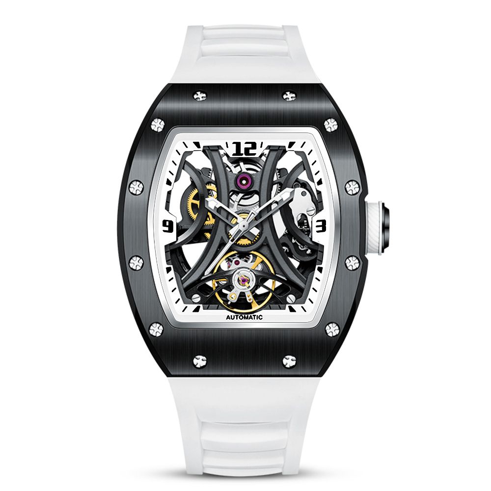 MEGIR 9190-11 skeleton automatic watch, black case, spider openwork dial and white silicone strap, front view