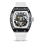 MEGIR 9190-11 skeleton automatic watch, black case, spider openwork dial and white silicone strap, front view