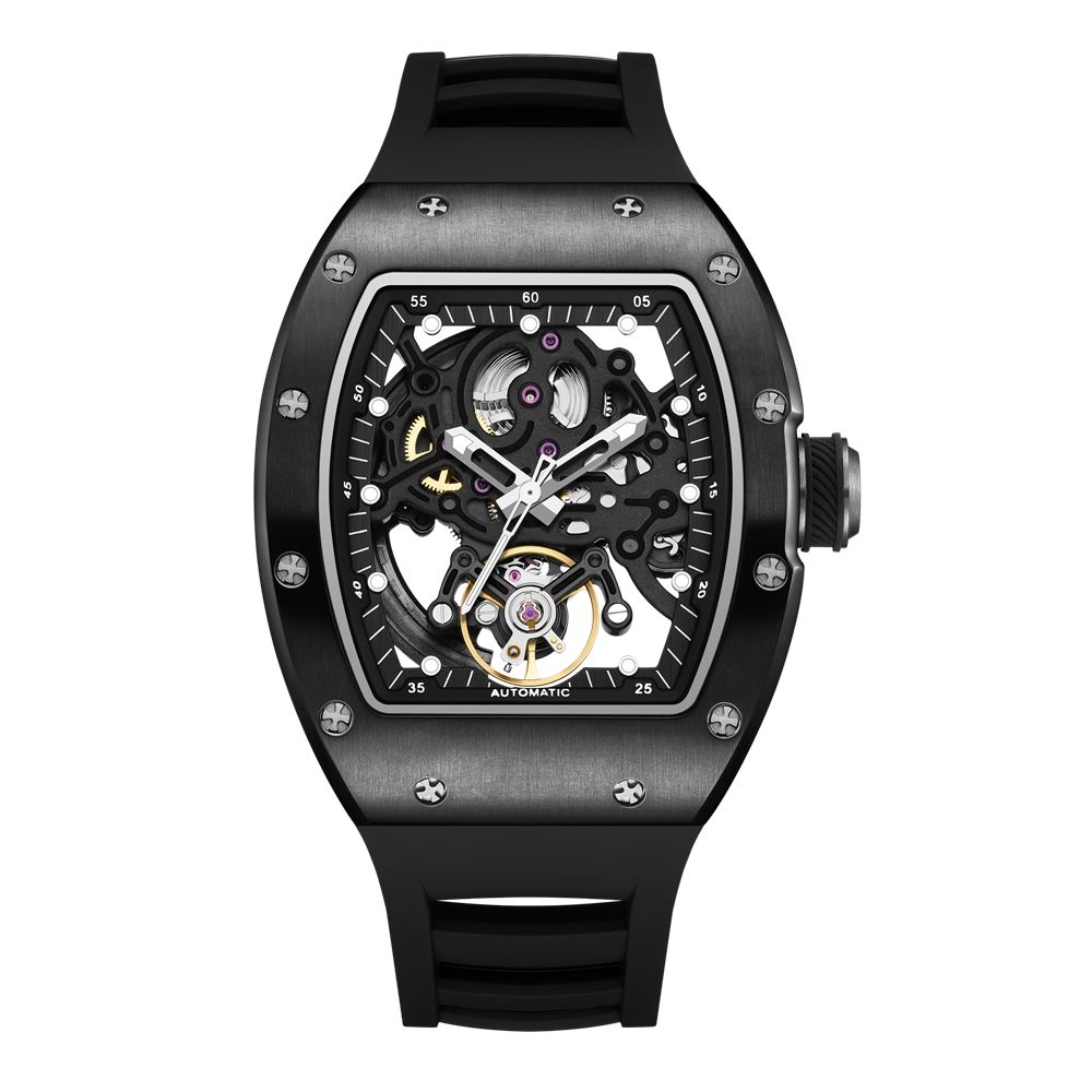 MEGIR 9190-12 skeleton automatic watch, black case, openwork dial and black silicone strap, front view