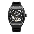 MEGIR 9190-12 skeleton automatic watch, black case, openwork dial and black silicone strap, front view