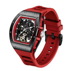 MEGIR 9190-12 skeleton automatic watch, black case, red inner ring and red silicone strap, angled view