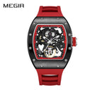 MEGIR 9190-12 men's skeleton automatic watch, black case, red inner ring with exposed balance wheel and red strap, front