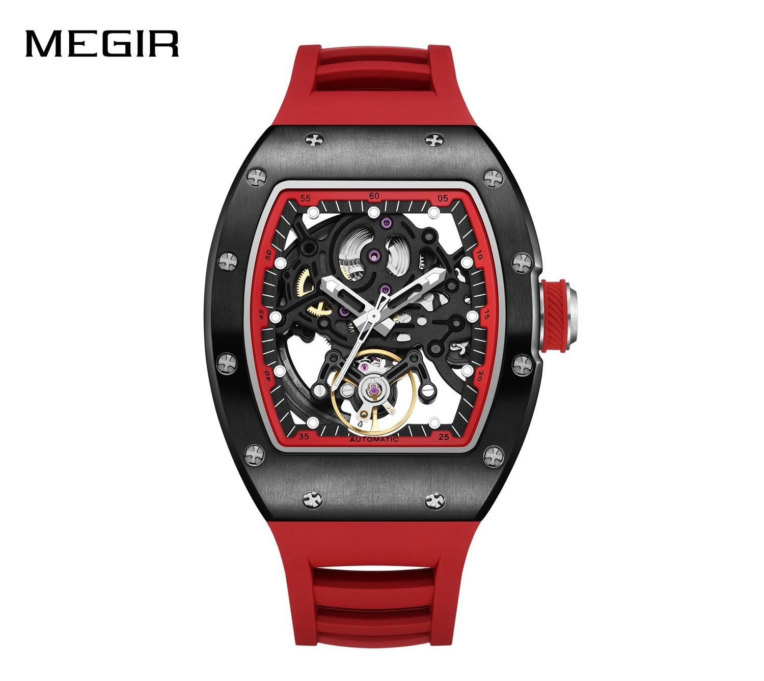 MEGIR 9190-12 men's skeleton automatic watch, black case, red inner ring with exposed balance wheel and red strap, front