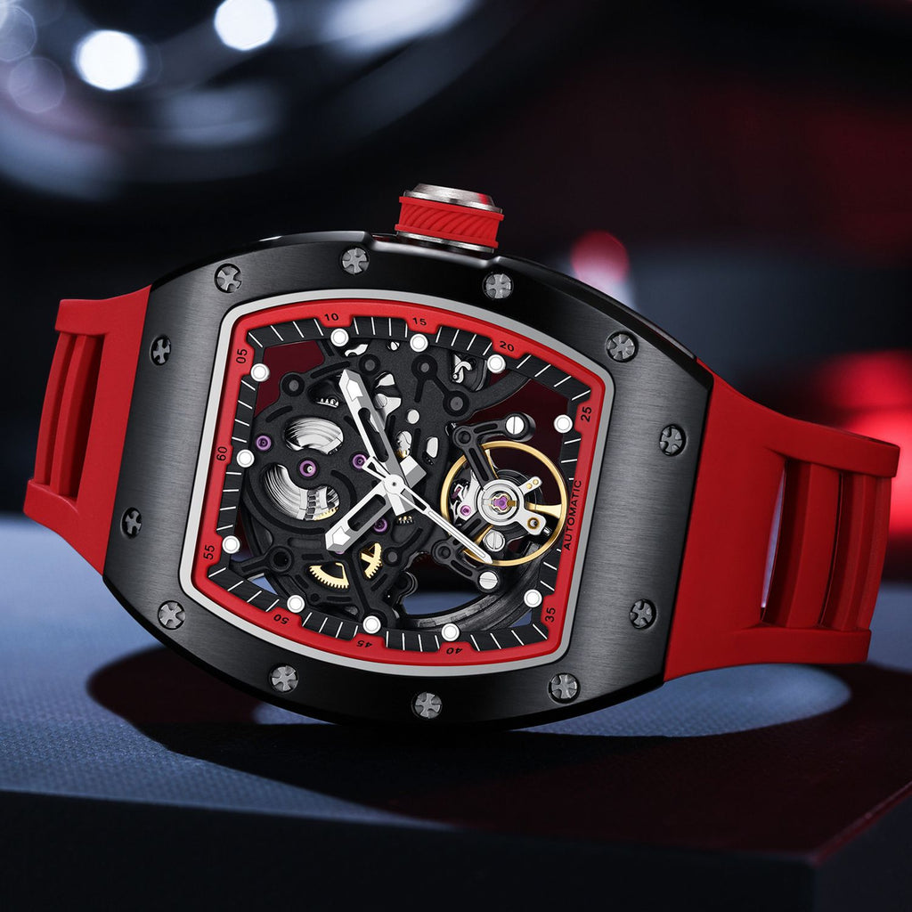 MEGIR 9190-12 skeleton automatic watch, black case, red accents and red strap, beauty shot