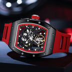 MEGIR 9190-12 skeleton automatic watch, black case, red accents and red strap, beauty shot