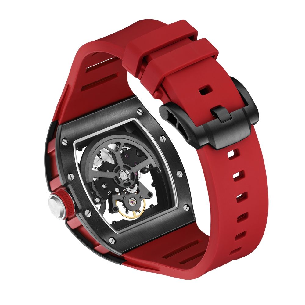 MEGIR 9190-12 skeleton automatic watch caseback with exhibition window, black case and red strap