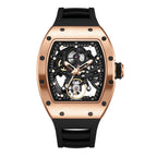 MEGIR 9190-12 skeleton automatic watch, rose-gold case, openwork dial and black silicone strap, front view
