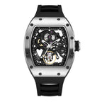 MEGIR 9190-12 skeleton automatic watch, silver case, openwork dial and black silicone strap, front view