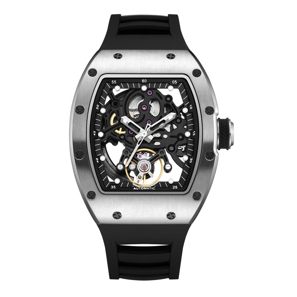 MEGIR 9190-12 skeleton automatic watch, silver case, openwork dial and black silicone strap, front view