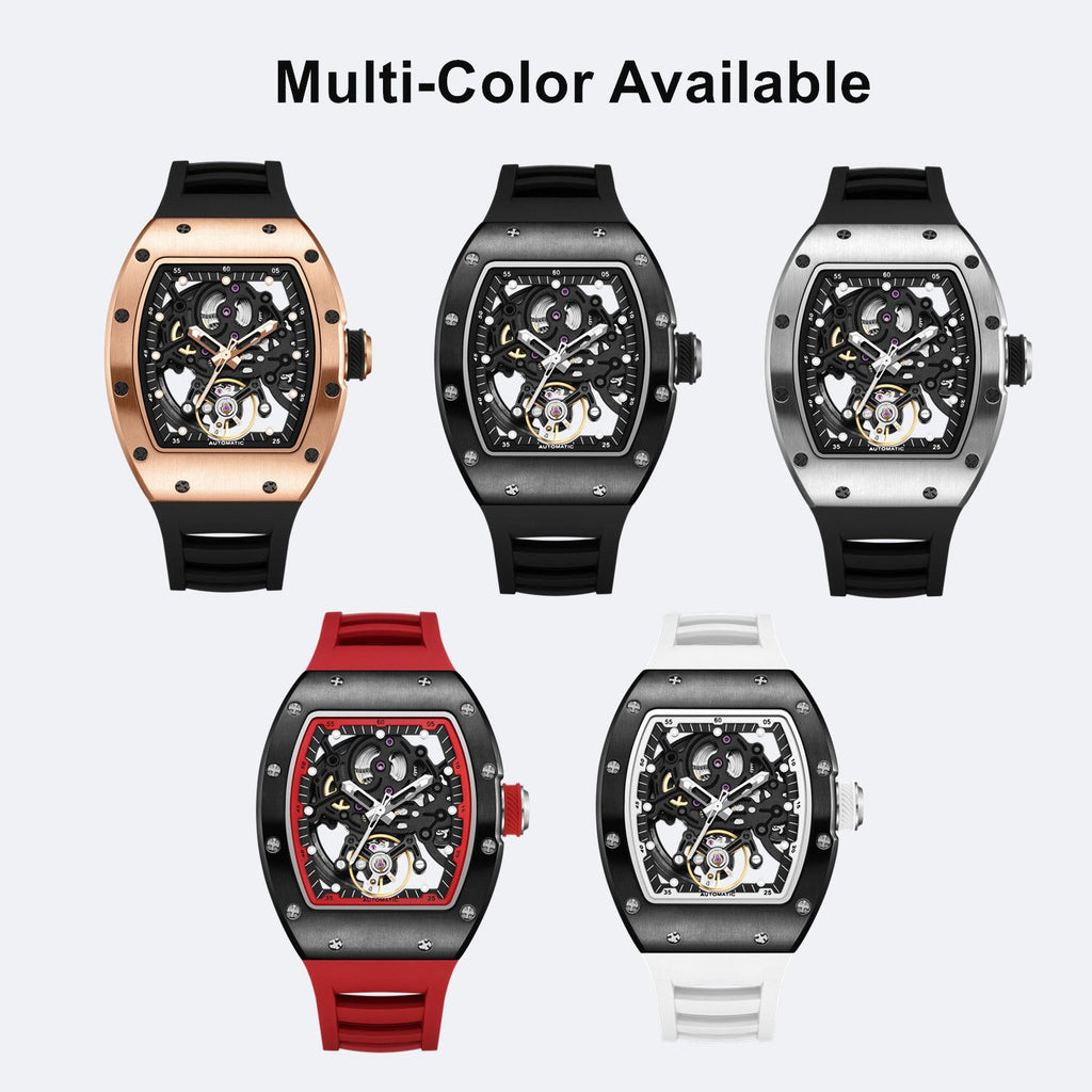 MEGIR 9190-12 skeleton automatic watch shown in five case and strap colour options