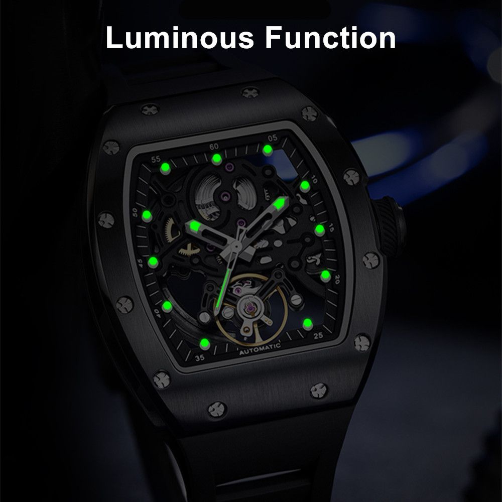 MEGIR 9190-12 skeleton automatic watch with luminous hands and markers glowing in the dark