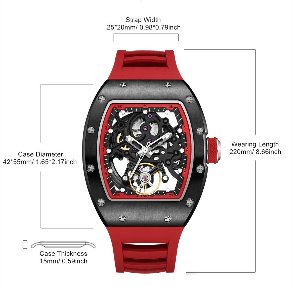 MEGIR 9190-12 skeleton automatic watch size chart with case and strap measurements, red model