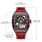MEGIR 9190-12 skeleton automatic watch size chart with case and strap measurements, red model