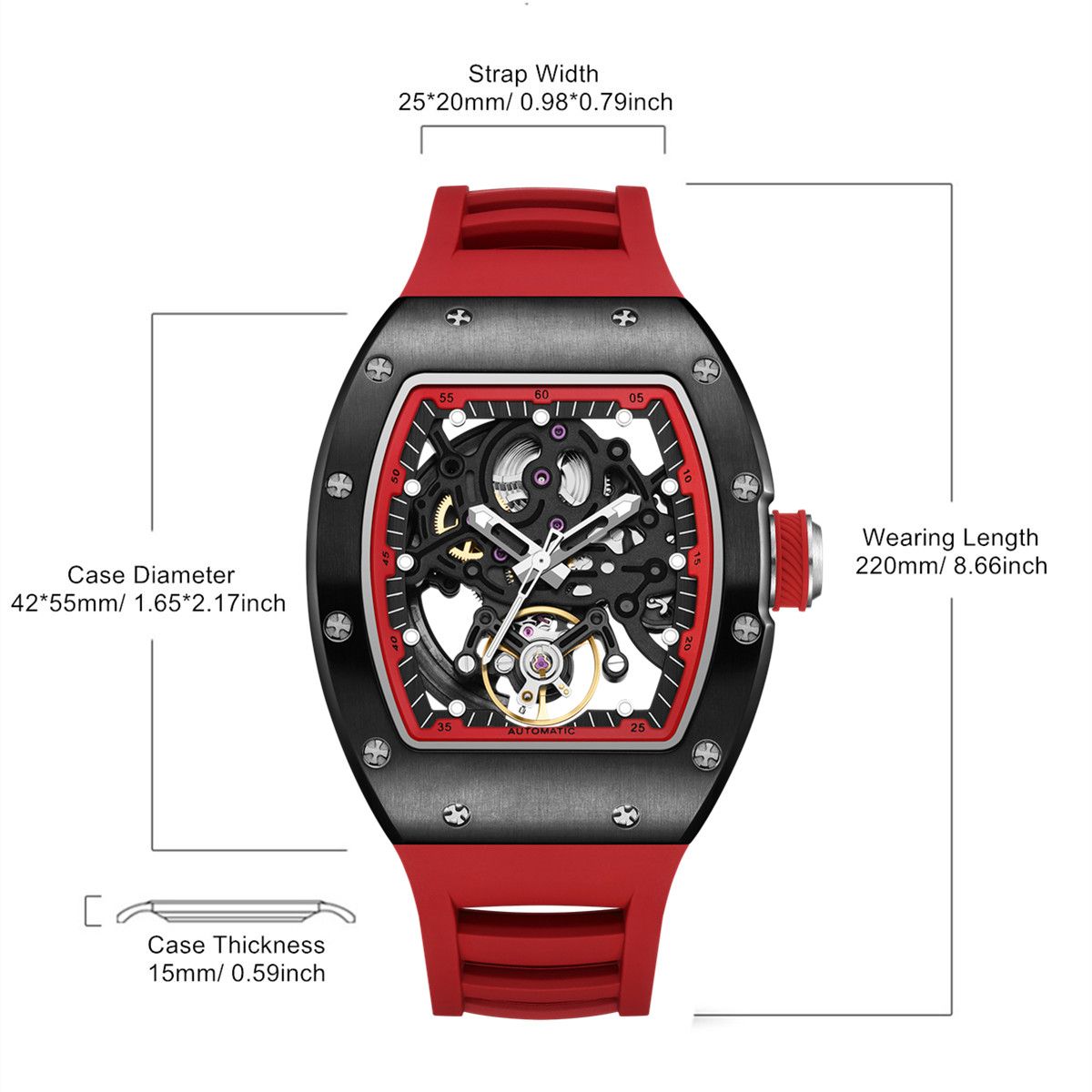 MEGIR 9190-12 skeleton automatic watch size chart with case and strap measurements, red model