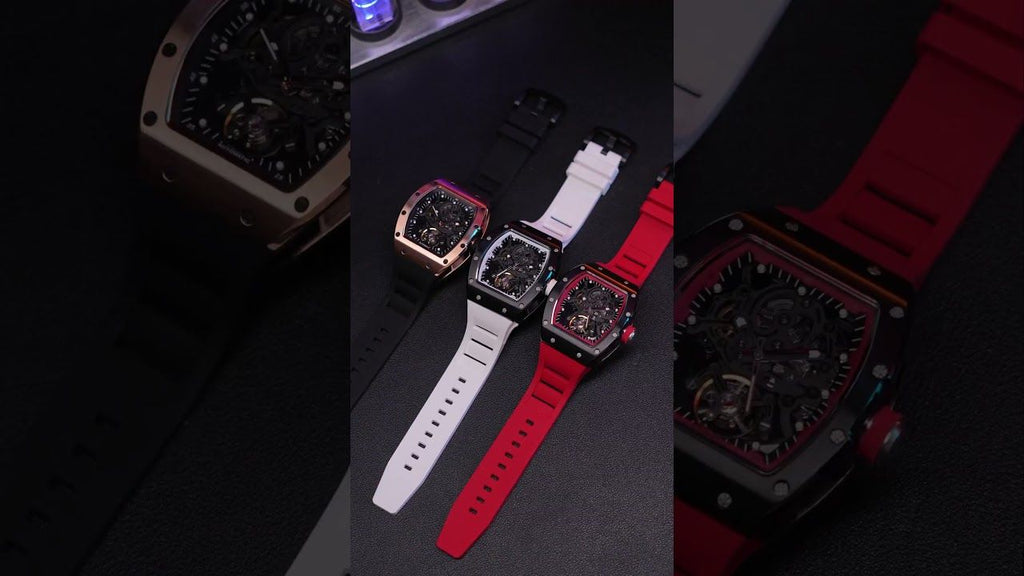 MEGIR 9190-12 skeleton automatic watch trio in rose-gold, white and red, beauty shot