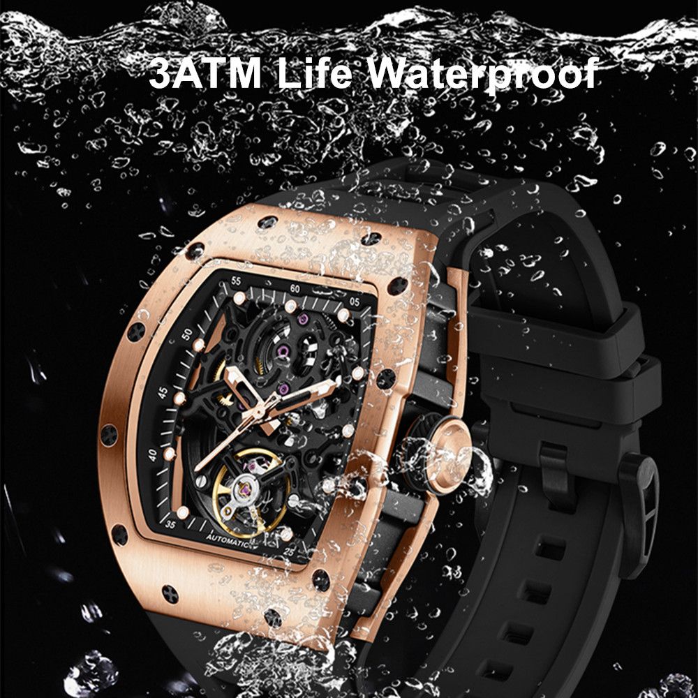 MEGIR 9190-12 skeleton automatic watch, 3ATM life-waterproof feature graphic, rose-gold model