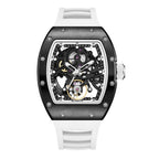 MEGIR 9190-12 skeleton automatic watch, black case, openwork dial and white silicone strap, front view