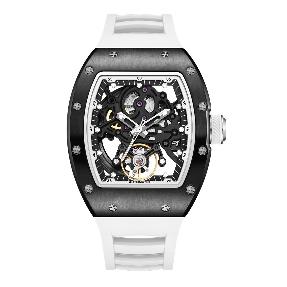 MEGIR 9190-12 skeleton automatic watch, black case, openwork dial and white silicone strap, front view