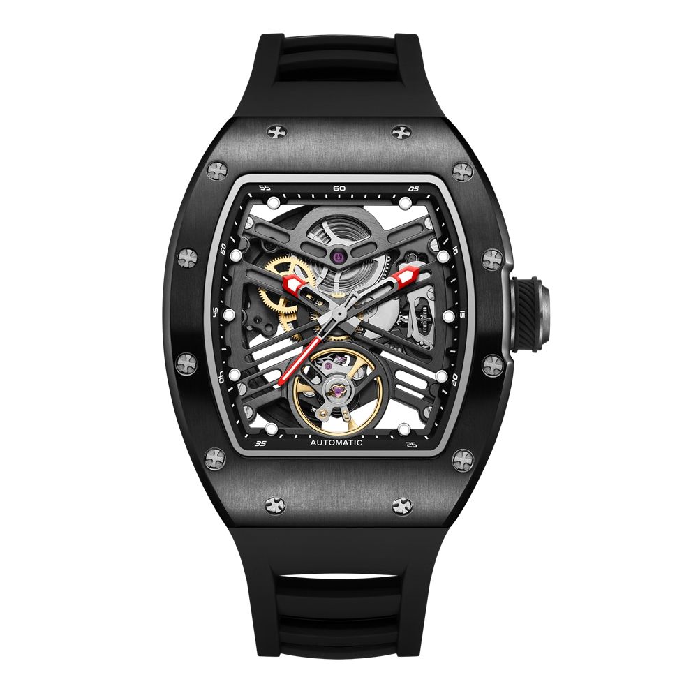 MEGIR 9190-13 skeleton automatic watch, black case, openwork dial and black silicone strap, front view