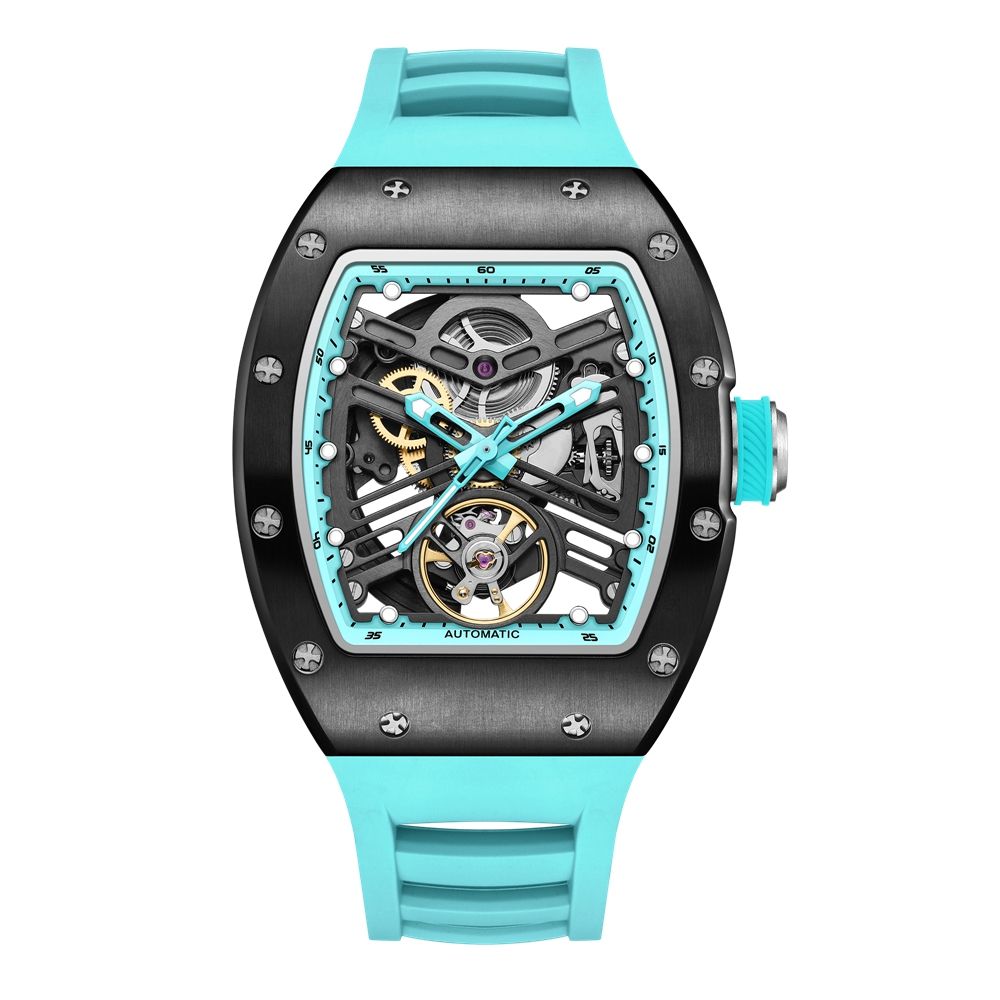 MEGIR 9190-13 skeleton automatic watch, black case, blue bezel and blue silicone strap, front view