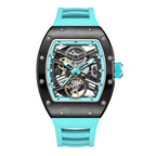 MEGIR 9190-13 skeleton automatic watch, black case, blue bezel and blue silicone strap, front view