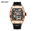 MEGIR 9190-13 men's skeleton automatic watch, rose-gold case, openwork dial with exposed balance wheel and black strap, front
