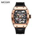 MEGIR 9190-13 men's skeleton automatic watch, rose-gold case, openwork dial with exposed balance wheel and black strap, front