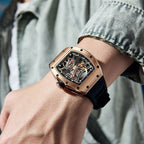 MEGIR 9190-13 skeleton automatic watch on the wrist, rose-gold case and black silicone strap