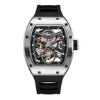 MEGIR 9190-13 skeleton automatic watch, silver case, openwork dial and black silicone strap, front view
