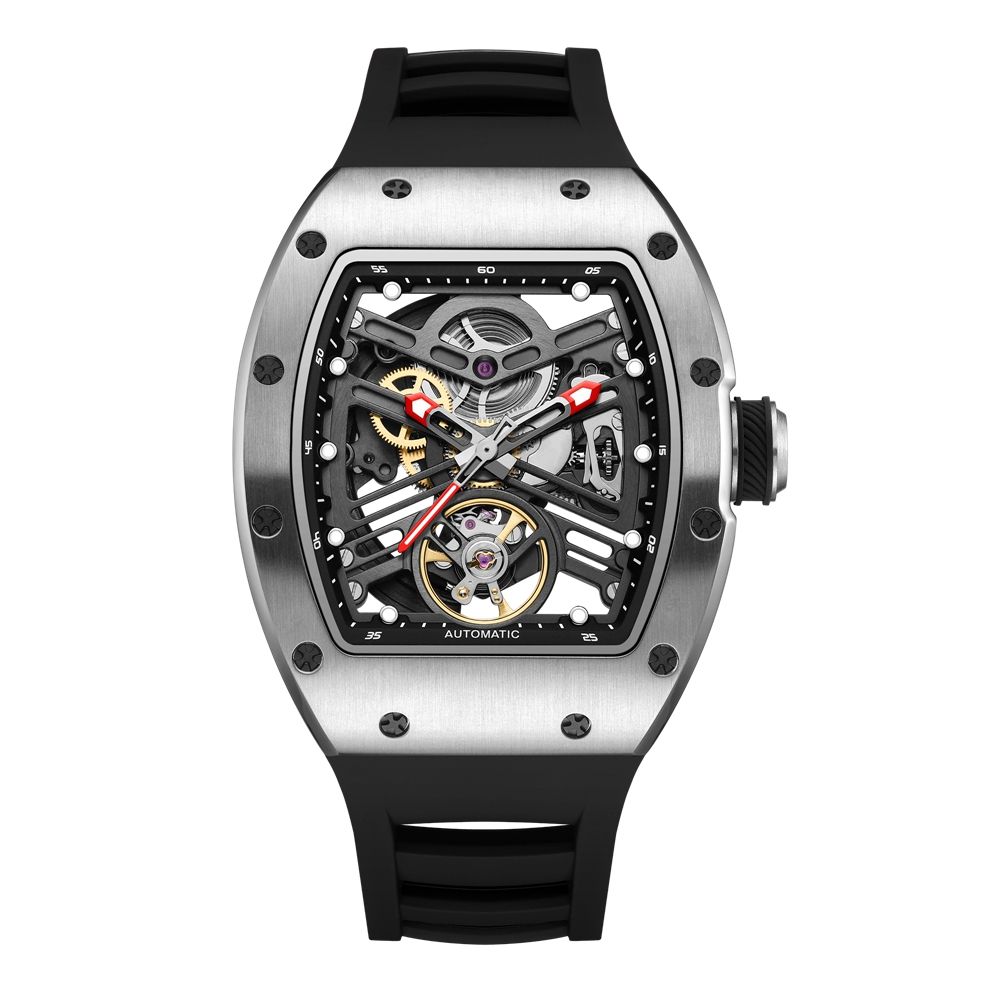 MEGIR 9190-13 skeleton automatic watch, silver case, openwork dial and black silicone strap, front view
