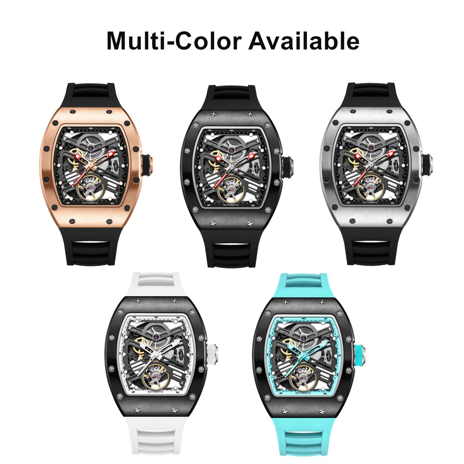 MEGIR 9190-13 skeleton automatic watch shown in five case and strap colour options