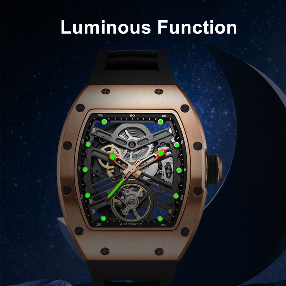 MEGIR 9190-13 skeleton automatic watch with luminous hands and markers glowing in the dark