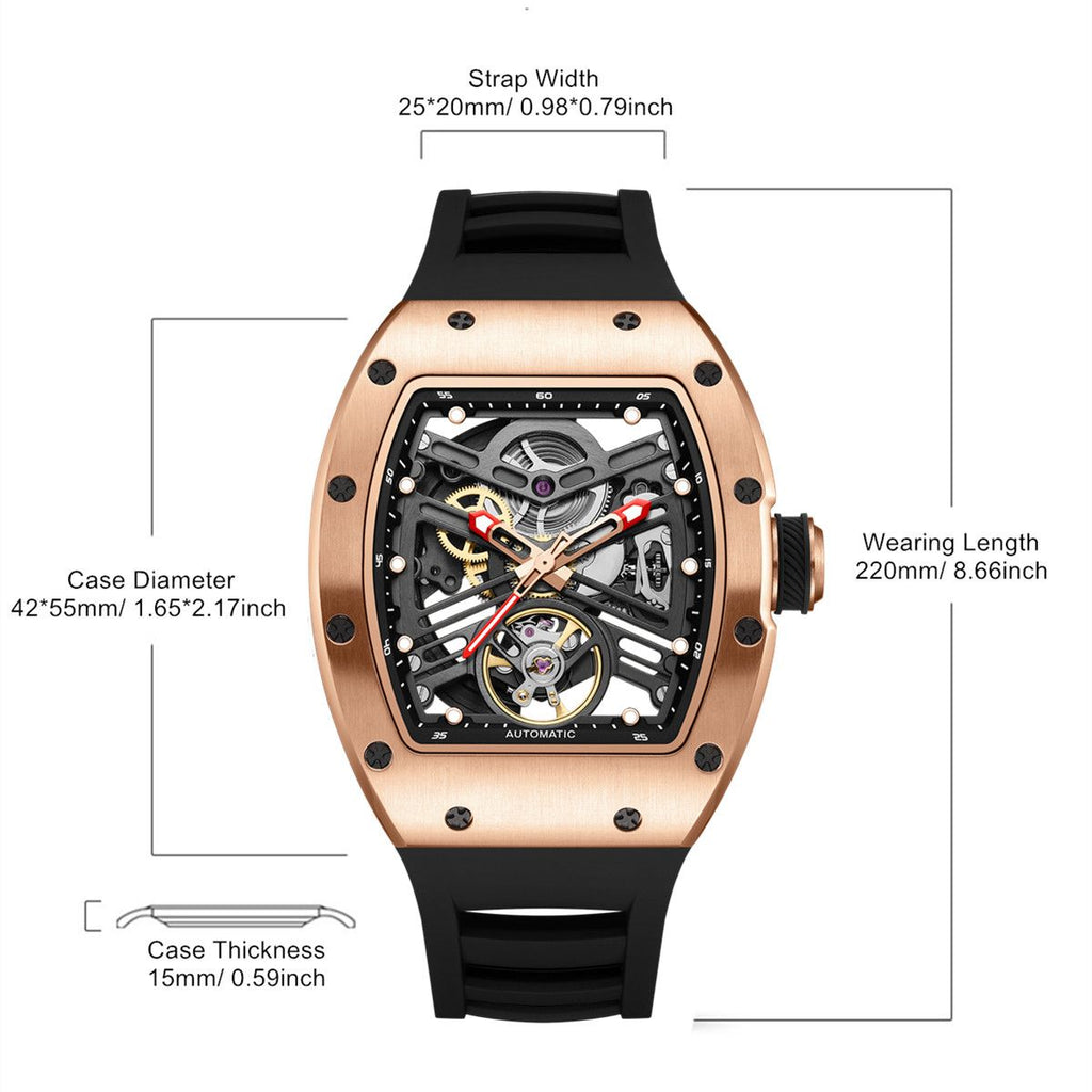 MEGIR 9190-13 skeleton automatic watch size chart with case and strap measurements, rose-gold model