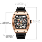 MEGIR 9190-13 skeleton automatic watch size chart with case and strap measurements, rose-gold model