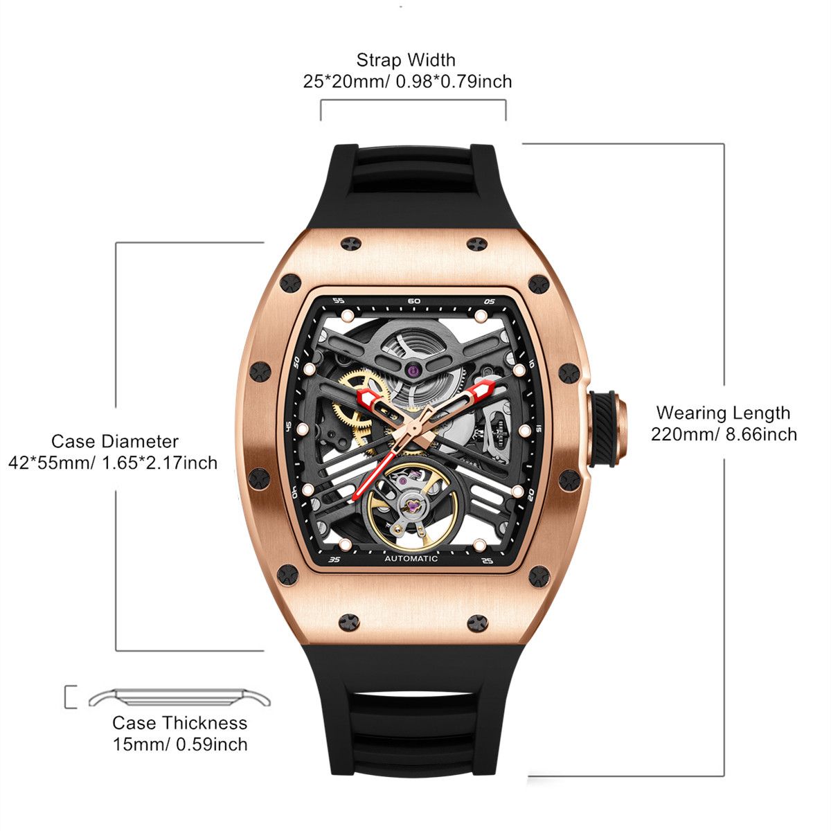 MEGIR 9190-13 skeleton automatic watch size chart with case and strap measurements, rose-gold model