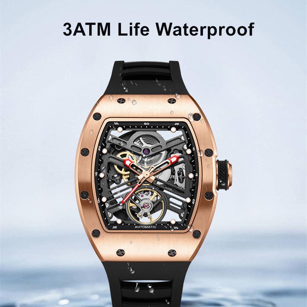 MEGIR 9190-13 skeleton automatic watch, 3ATM life-waterproof feature graphic, rose-gold model