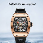 MEGIR 9190-13 skeleton automatic watch, 3ATM life-waterproof feature graphic, rose-gold model