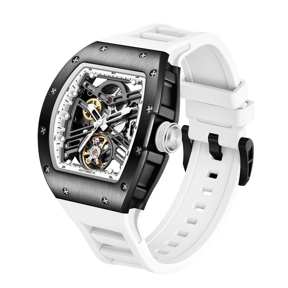 MEGIR 9190-13 skeleton automatic watch, black case and white silicone strap, angled view