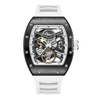 MEGIR 9190-13 skeleton automatic watch, black case, openwork dial and white silicone strap, front view