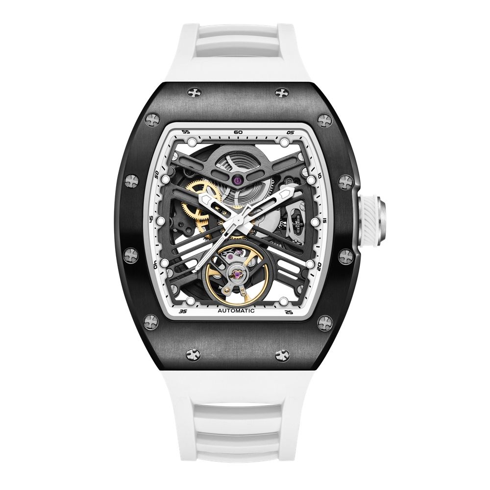 MEGIR 9190-13 skeleton automatic watch, black case, openwork dial and white silicone strap, front view