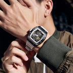 MEGIR 9190-13 skeleton automatic watch on the wrist, black case and white silicone strap