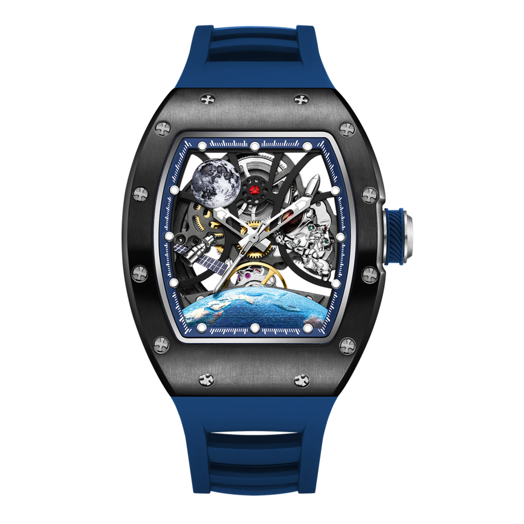 MEGIR 9190-14 space skeleton automatic watch, black case, astronaut dial and blue silicone strap, front view