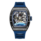 MEGIR 9190-14 space skeleton automatic watch, black case, astronaut dial and blue silicone strap, front view