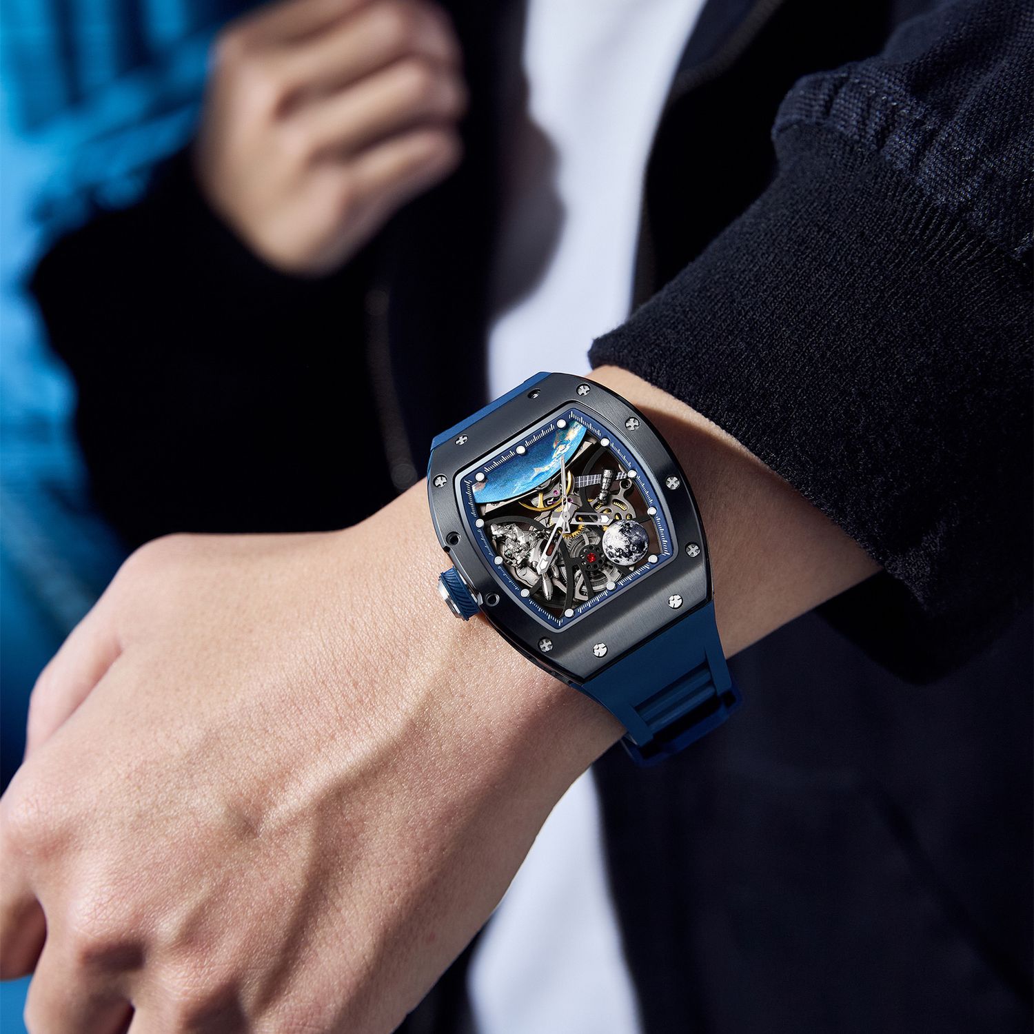 MEGIR 9190-14 space skeleton automatic watch on the wrist, black case, astronaut dial and blue silicone strap