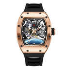 MEGIR 9190-14 space skeleton automatic watch, rose-gold case, astronaut dial and black strap, front view