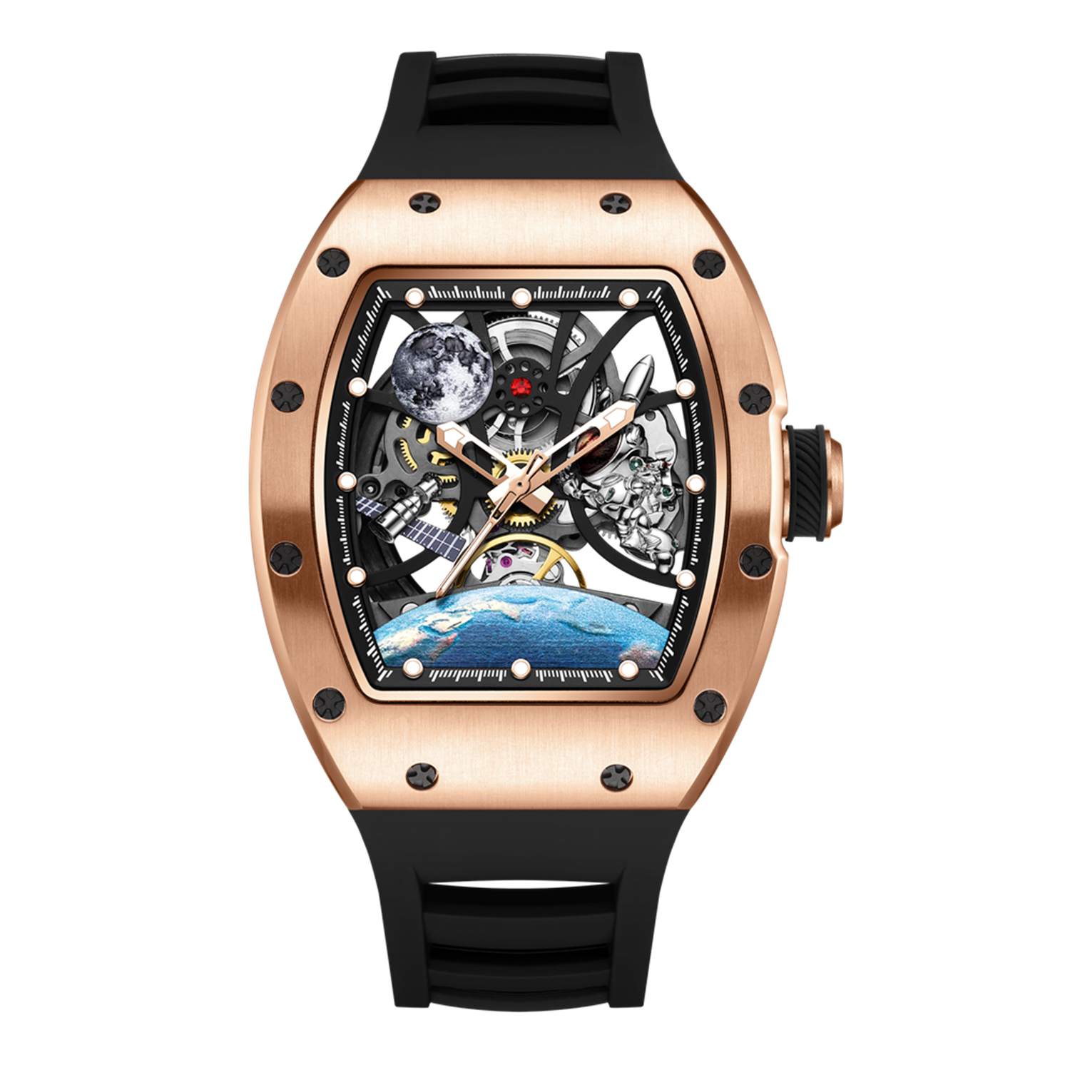 MEGIR 9190-14 space skeleton automatic watch, rose-gold case, astronaut dial and black strap, front view