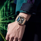 MEGIR 9190-14 space skeleton automatic watch on the wrist, rose-gold case, astronaut dial and black strap